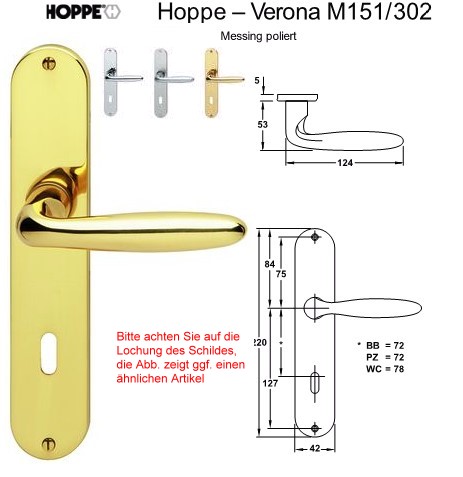 PZ Wechsel Zimmertürgarnitur Hoppe Verona M151/302 in Messing poliert